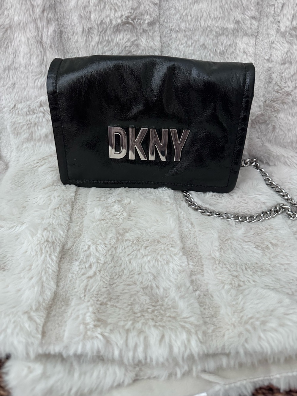 DKNY Black Leather Crossbody with Silver Chain and Logo